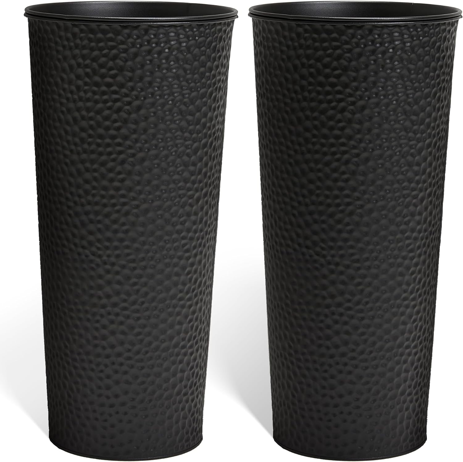 KOL 28" H. Tall Metal Cone Planters with Inside Pots 2-Pack, Black Hand-Hammered Large Decor Planter for Deck, Patio, Porch - Handcrafted Flower Pot - with Water Level Indicator - Indoor Outdoor Use