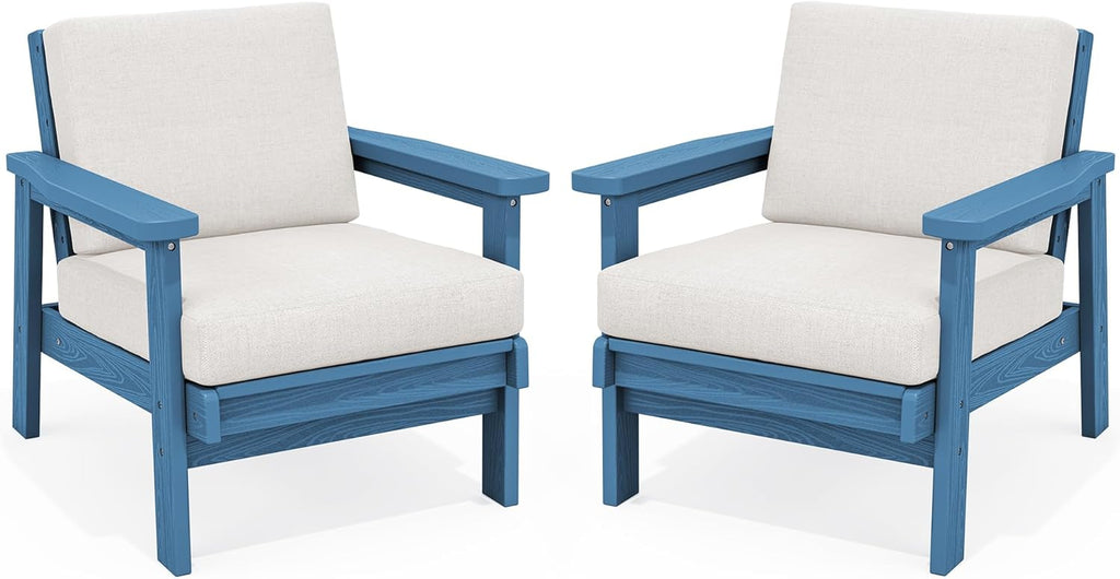 SERWALL HDPE Outdoor Couch Set of 2, Blue Frame and Khaki Cushion
