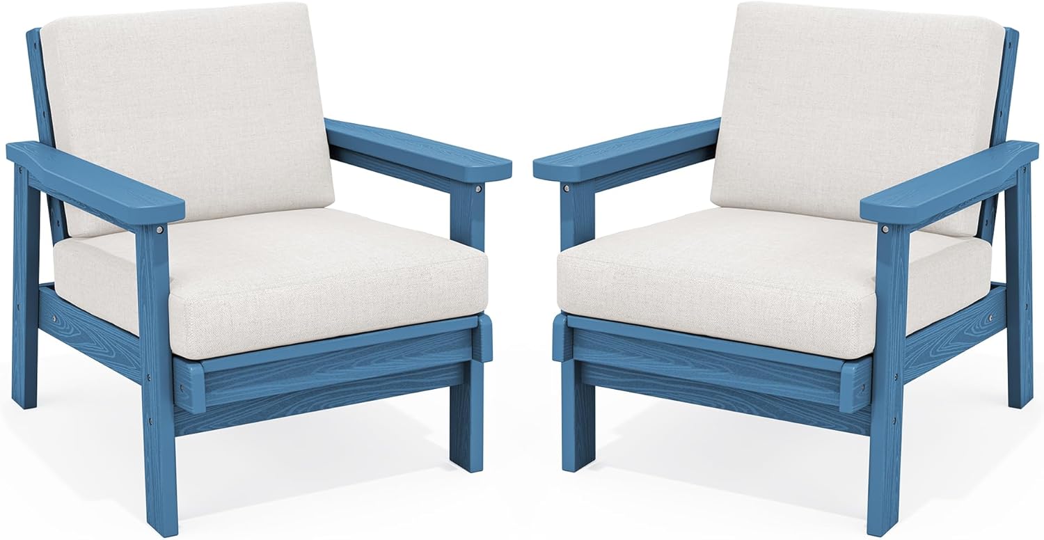 SERWALL HDPE Outdoor Couch Set of 2, Blue Frame and Khaki Cushion