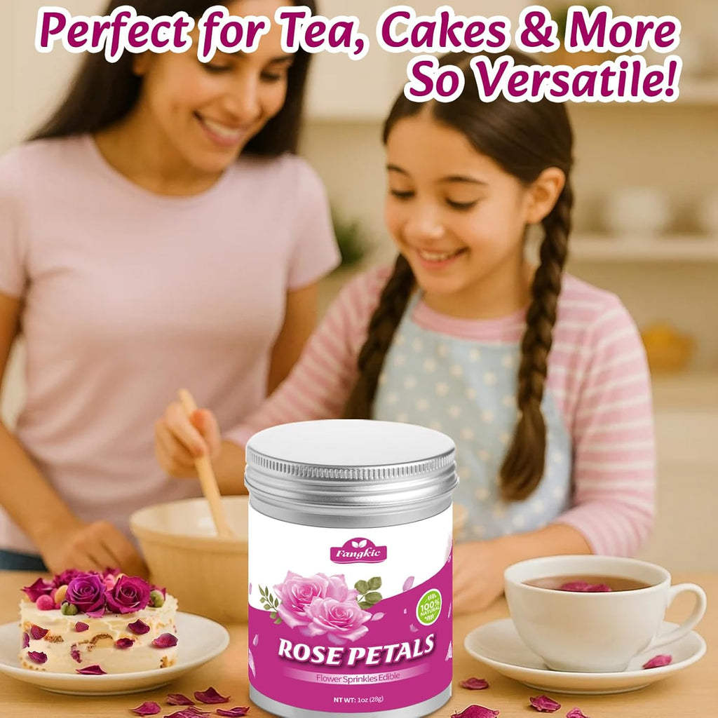 Fangkic Dried Rose Petals-1oz(28g) Dried Edible Flower Cake Decoration, Edible Rose Petal for Cocktails Drinks Baking Tea Soap & Candle Making, Gluten-Free, No Additives