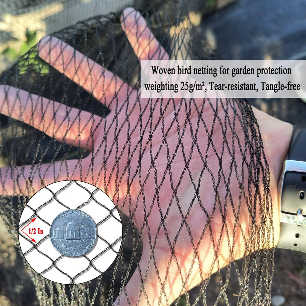 Junflying Bird Netting, 30x30 FT – 1/2" Mesh, Woven Black Netting for Garden Protection with Ties, Protects Vegetables, Fruit Trees, Blueberry Bushes & Strawberry Plants
