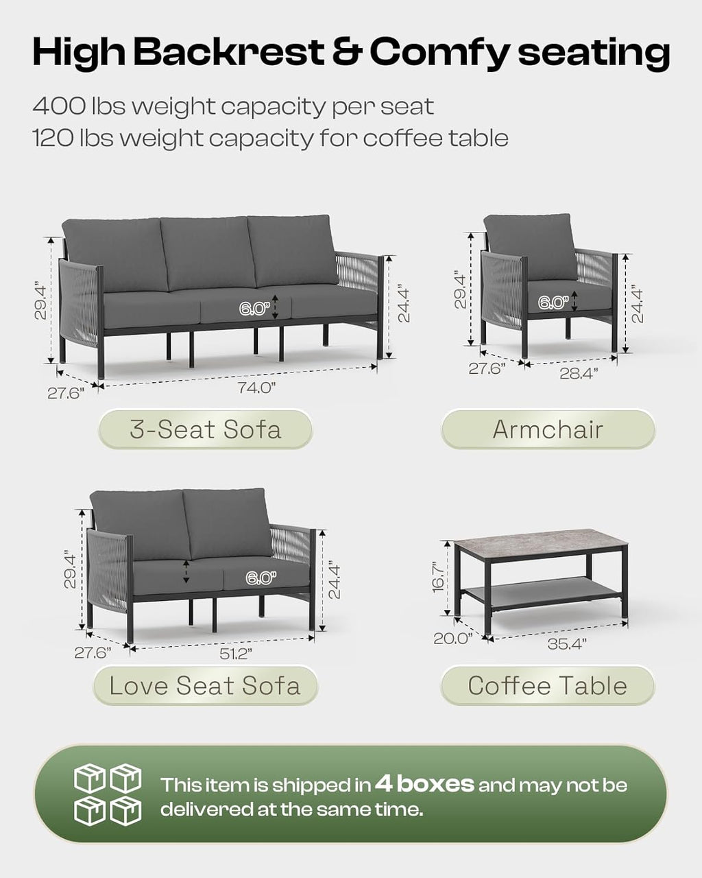 Aluminum Outdoor Patio Couch, 3 Seats HDPE Rope Patio Sofa with Washable Thick Cushion, All-Weather Patio Furniture for Balcony, Yard, Gray Frame, Charcoal