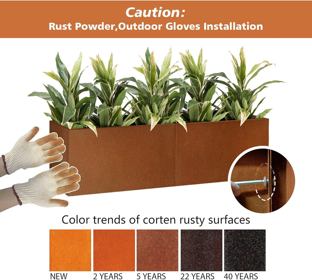 Corten Steel Corner Metal Planter Box Garden Steel Planter Pot for Patio Modern Farmhouse Rustic Design (L32 x W12 x D16, Rusted)