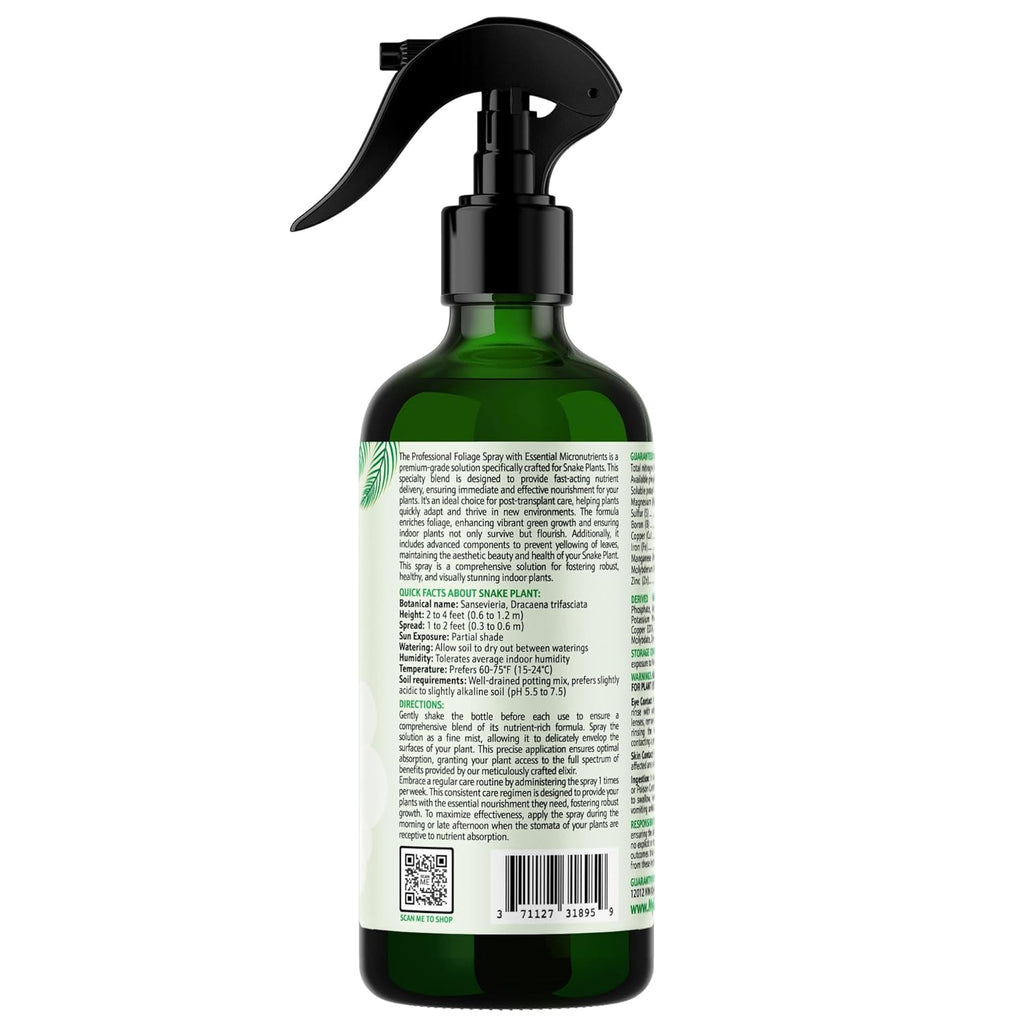 Professional Foliar Plant Spray with Essential Micronutrients 3-1-2 for Snake Plants, Dracaena trifasciata, Sansevieria - Liquid Fertilizer - Plant Food - Plant Shine - Plant Care (8 OZ)
