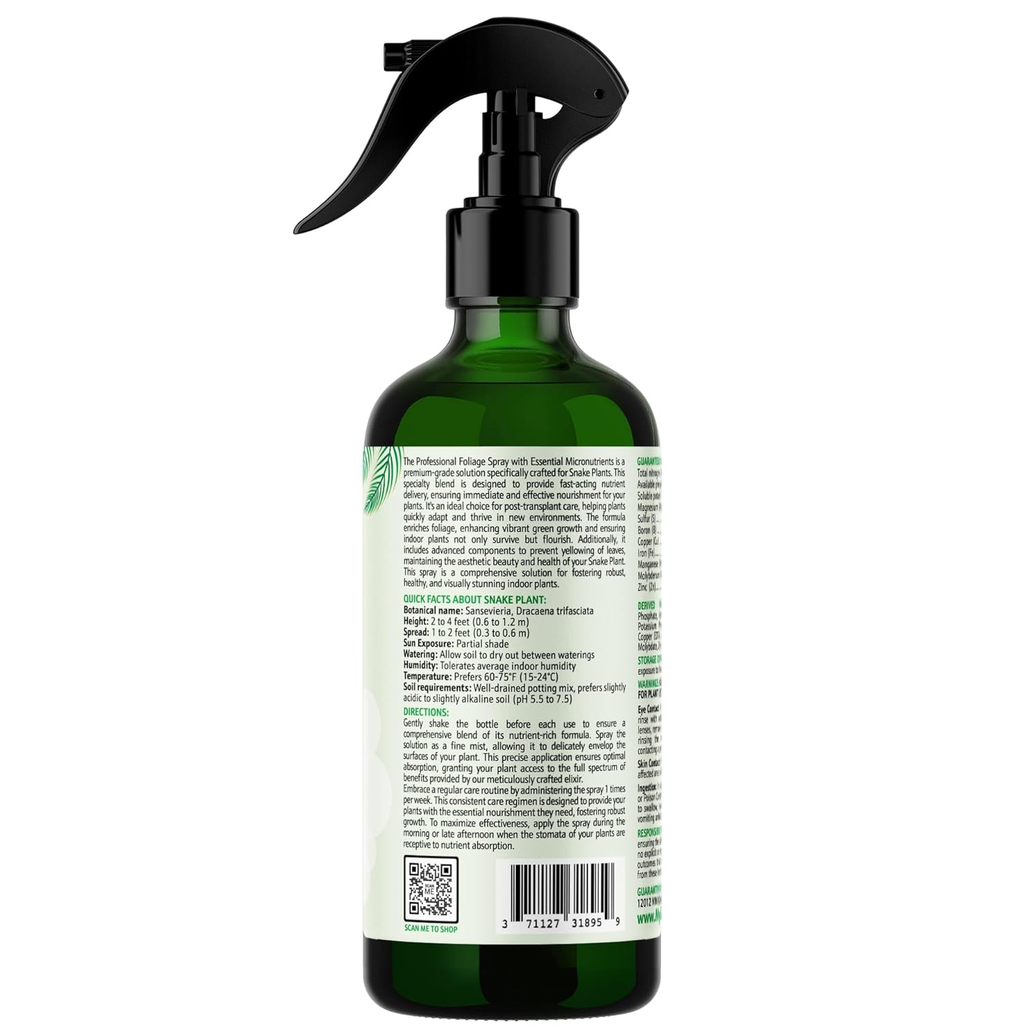 Professional Foliar Plant Spray with Essential Micronutrients 3-1-2 for Snake Plants, Dracaena trifasciata, Sansevieria - Liquid Fertilizer - Plant Food - Plant Shine - Plant Care (16 OZ)