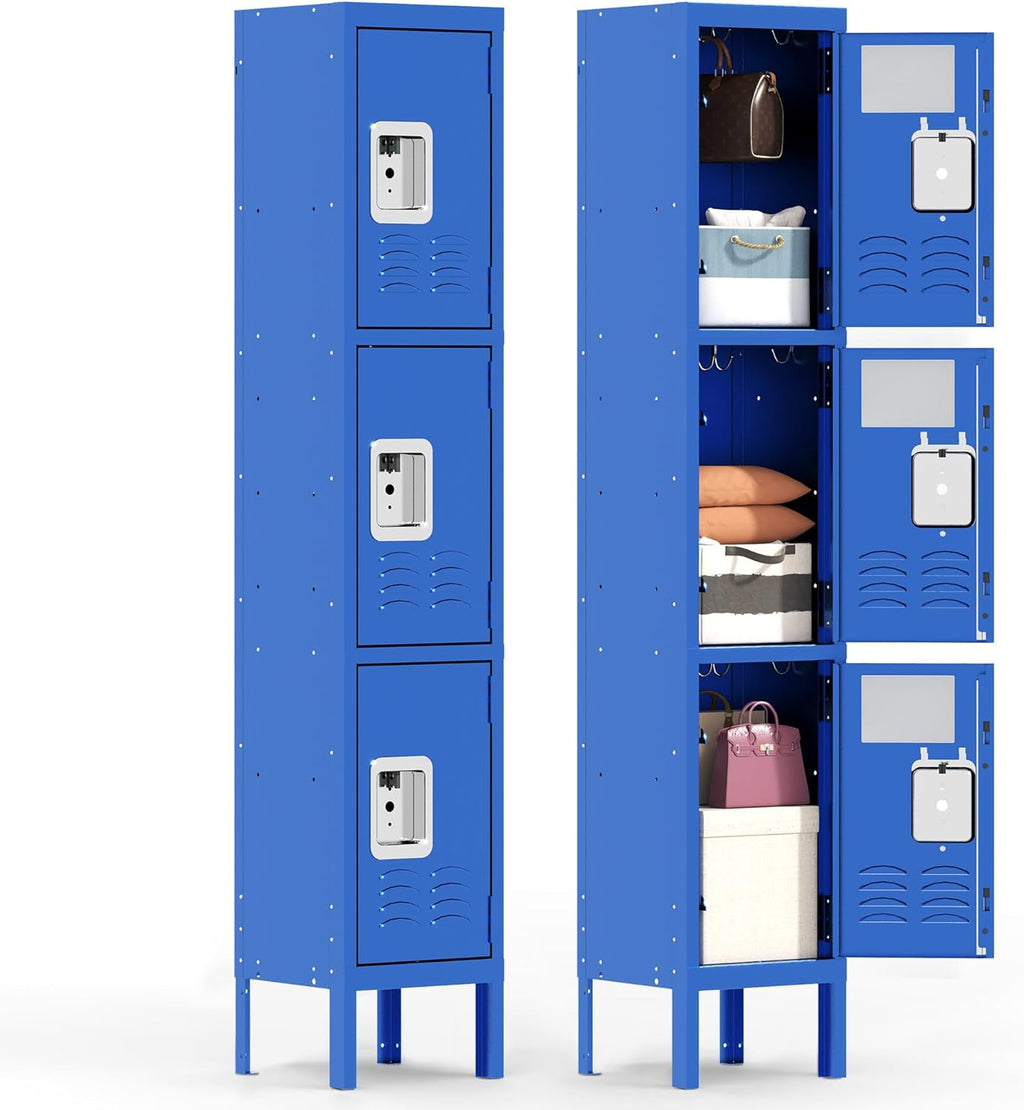 Metal Locker for Employees 66" H Tall Storage Lockers with Lock and Mirror Gym Locker Cabinet with 3 Doors Steel Wardrobe for Office Home School Staff Assembly Required