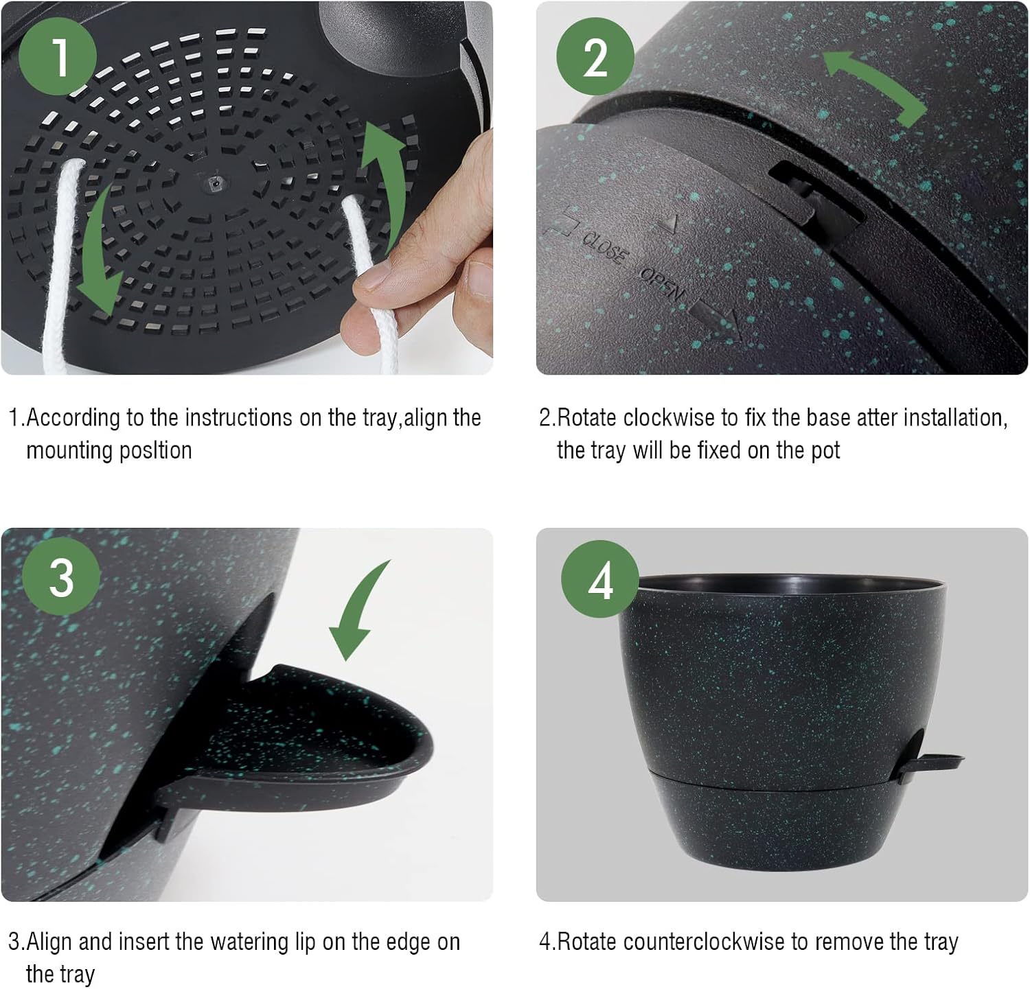 10/9/8 inch Self Watering Pots, Set of 3 Plastic Planters with Mesh Drainage Holes and Deep Reservoir for Indoor Outdoor Garden Plants and Flowers, Black with Green Speckles