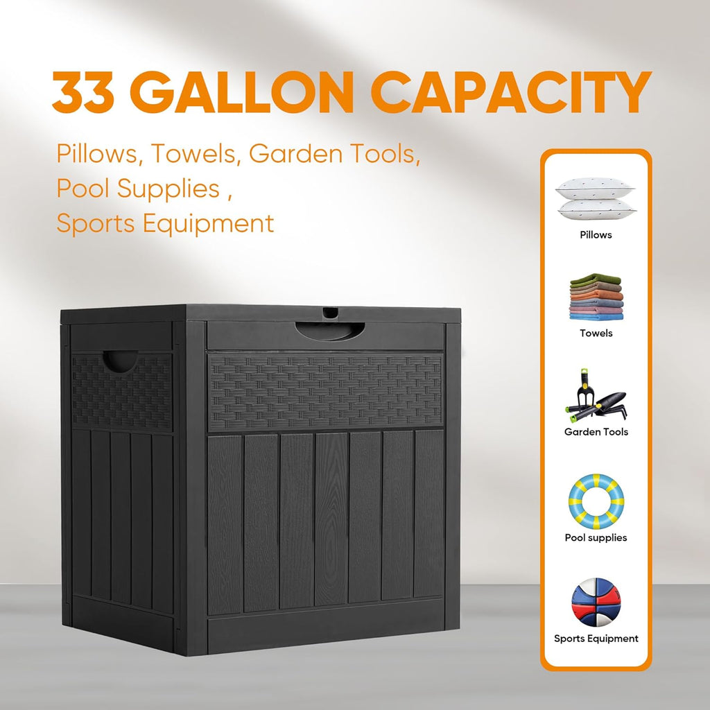 33 Gallon Resin Deck Box, Weatherproof Outdoor Storage Box for Patio, Garden, Pool, and Yard, Lockable Waterproof Bin for Tools, Cushions, and Accessories, Black