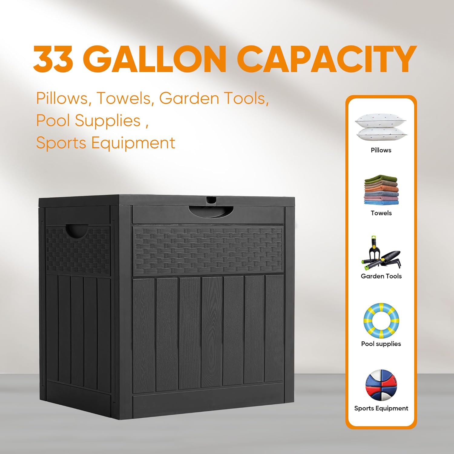 33 Gallon Resin Deck Box, Weatherproof Outdoor Storage Box for Patio, Garden, Pool, and Yard, Lockable Waterproof Bin for Tools, Cushions, and Accessories, Black
