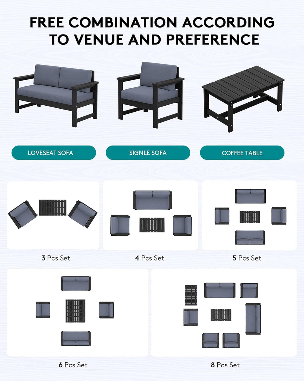SERWALL 3 Pieces HDPE Outdoor Sofa Bistro Set with Cushions, Outdoor Furniture Sofa Sets with Coffee Table and Cushions, All Weather Conversation Social Set, Black Frame and Grey Cushion