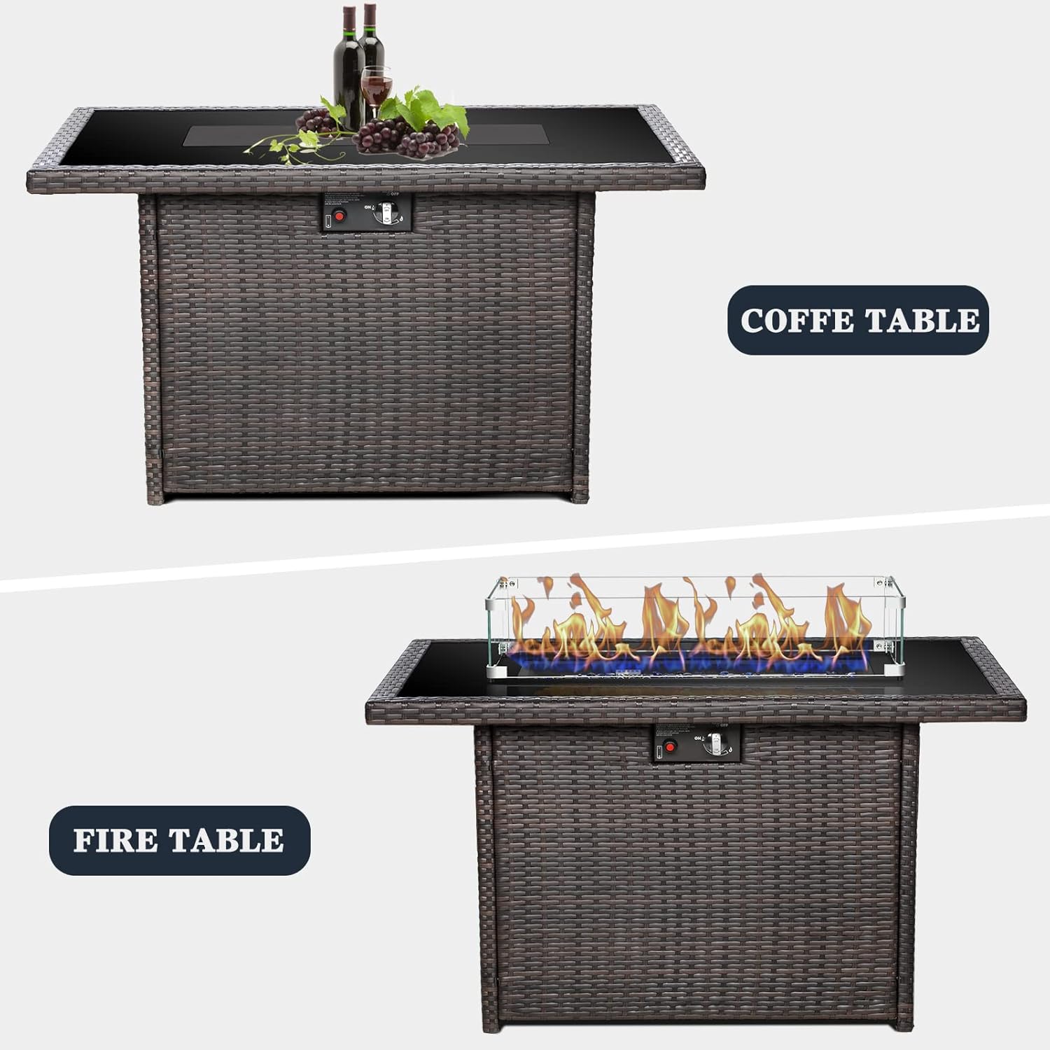 44 Inch Propane Gas Fire Pits Table for Outside Patio, 60000 BTU Rectangular Outdoor Wicker Rattan Fire Pit with Glass Wind Guard