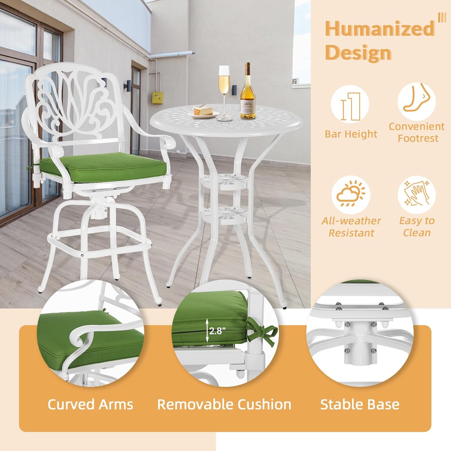 3 Pieces Patio Swivel Bar Set, Patio High Top Bar Table and Chairs Set, All-Weather Cast Aluminum High Swivel Bar Stools Chair Set of 2 and 31" Table, Patio Bistro Set for Garden,White