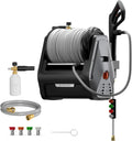 Giraffe Tools Grandfalls Pressure Washer Plus+, Electric Wall Mount Power Washer with 100FT Ultra-Soft Pressure Hoses, 2900PSI, 2.2GPM, 4 Nozzles, Foam Cannon for Cars/Patios, Dark Silver