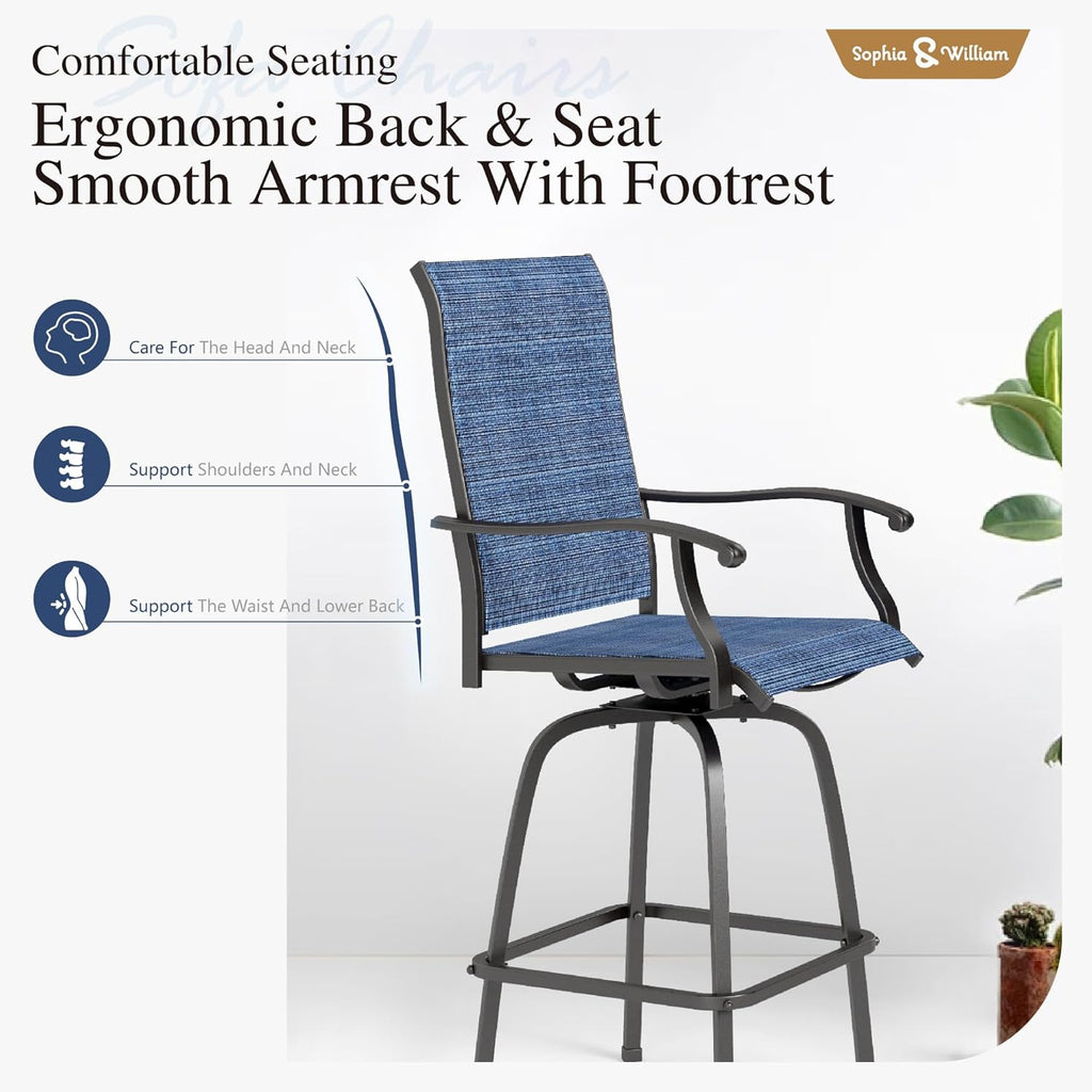 Sophia & William Outdoor Bar Set, Patio Bar Table and Chairs Set, Bar Height Patio Set - 2 x Swivel Bar Chairs(Blue), 1 x Square Bar Table(Wood-Like)