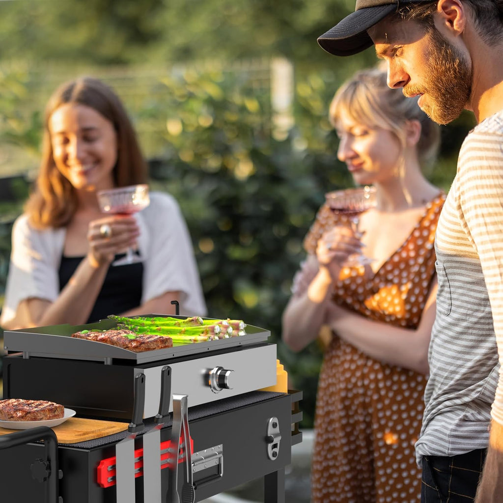 LS'BABQ Portable Outdoor Grill Table, Folding Stand for Blackstone 17"/22" Griddle, Camping BBQ Prep Cart for Ninja Grill, Large Space with Wheels