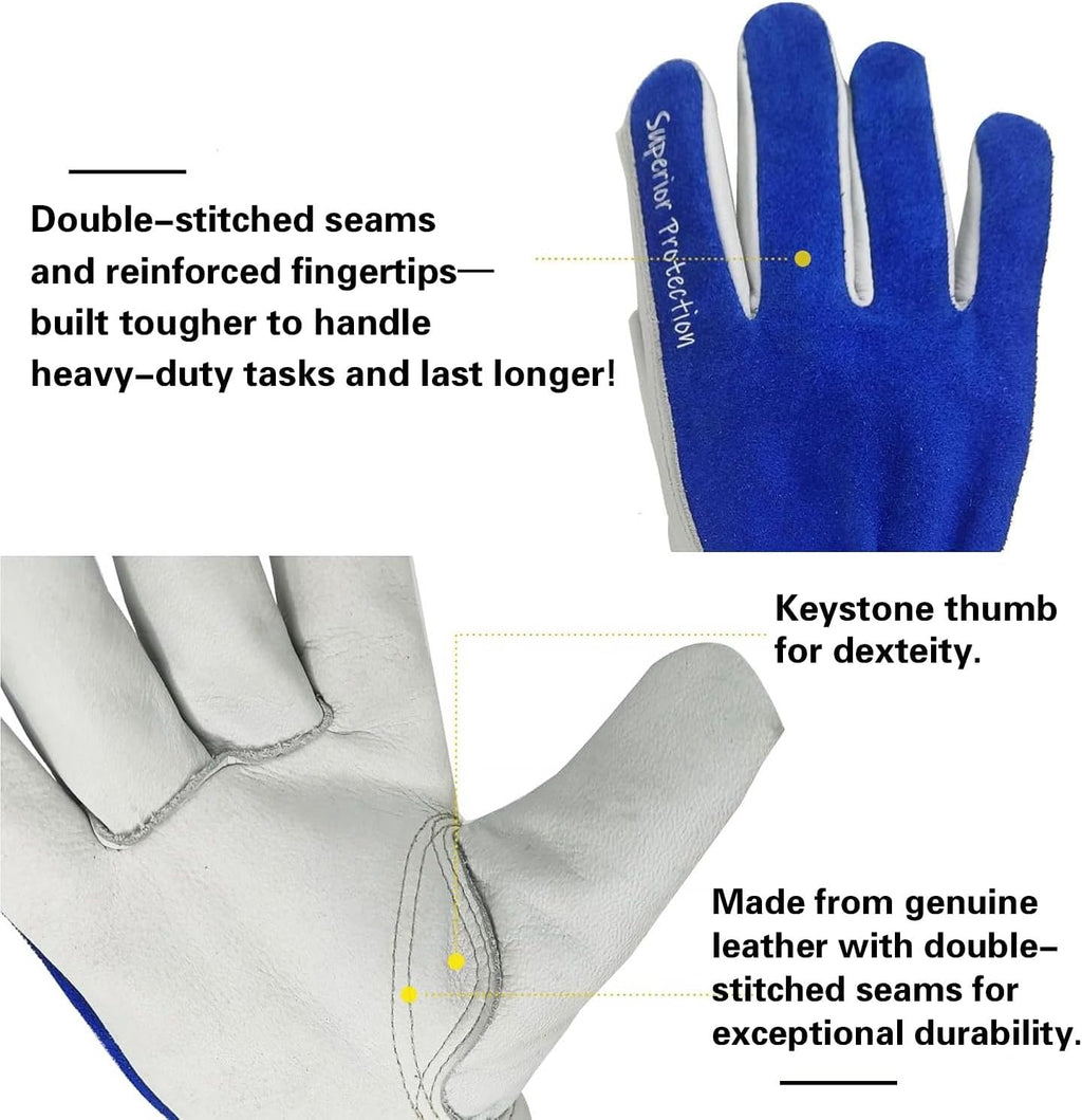 12 Pairs Bulk Leather Work Gloves for Men or Women for Construction, Wood cutting, Driving, Gardening, Automotive Repair, Water Resistant, Soft, Cowhide, Class 4 Abrasion Resistant, Blue-White, M