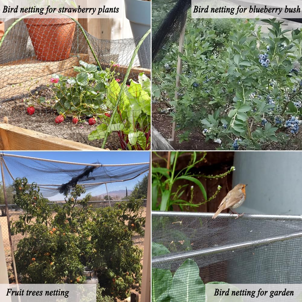 Junflying Bird Netting, 30x30 FT – 1/2" Mesh, Woven Black Netting for Garden Protection with Ties, Protects Vegetables, Fruit Trees, Blueberry Bushes & Strawberry Plants