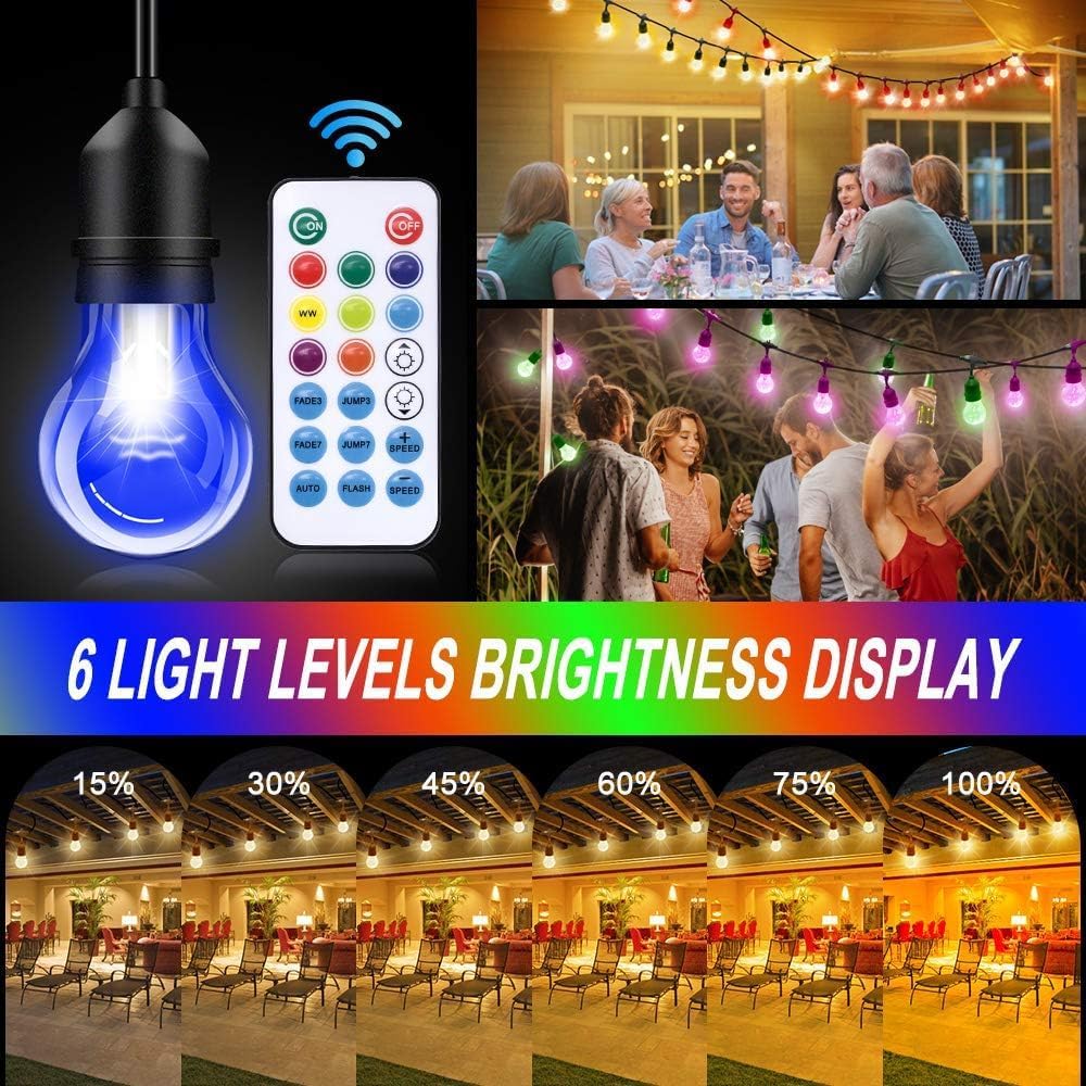 Auroraworld Outdoor Patio Lights Color Changing, 35FT RGB LED String Lights with E26 Shatterproof Edison Bulbs, Dimmable Patio String Lights for Bistro Backyard Garden, 1 Remote Controllers