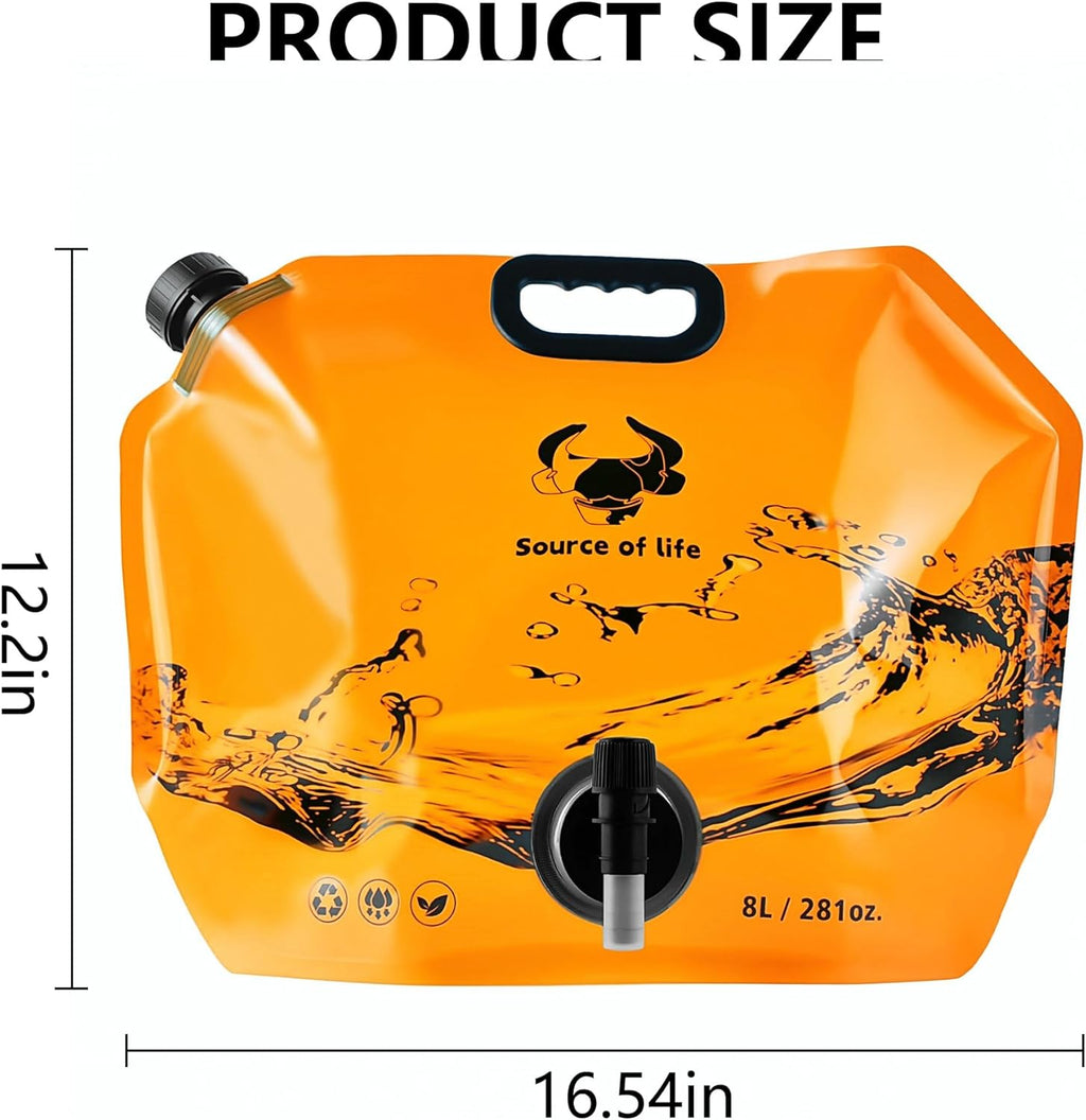 Collapsible 8L Water Storage Bag, BPA-Free Portable Folding Water Jug with Adjustable Faucet, Leakproof Emergency Water Bag for Camping, Hiking, Riding, Outdoor Sport (Blue & Orange 4)