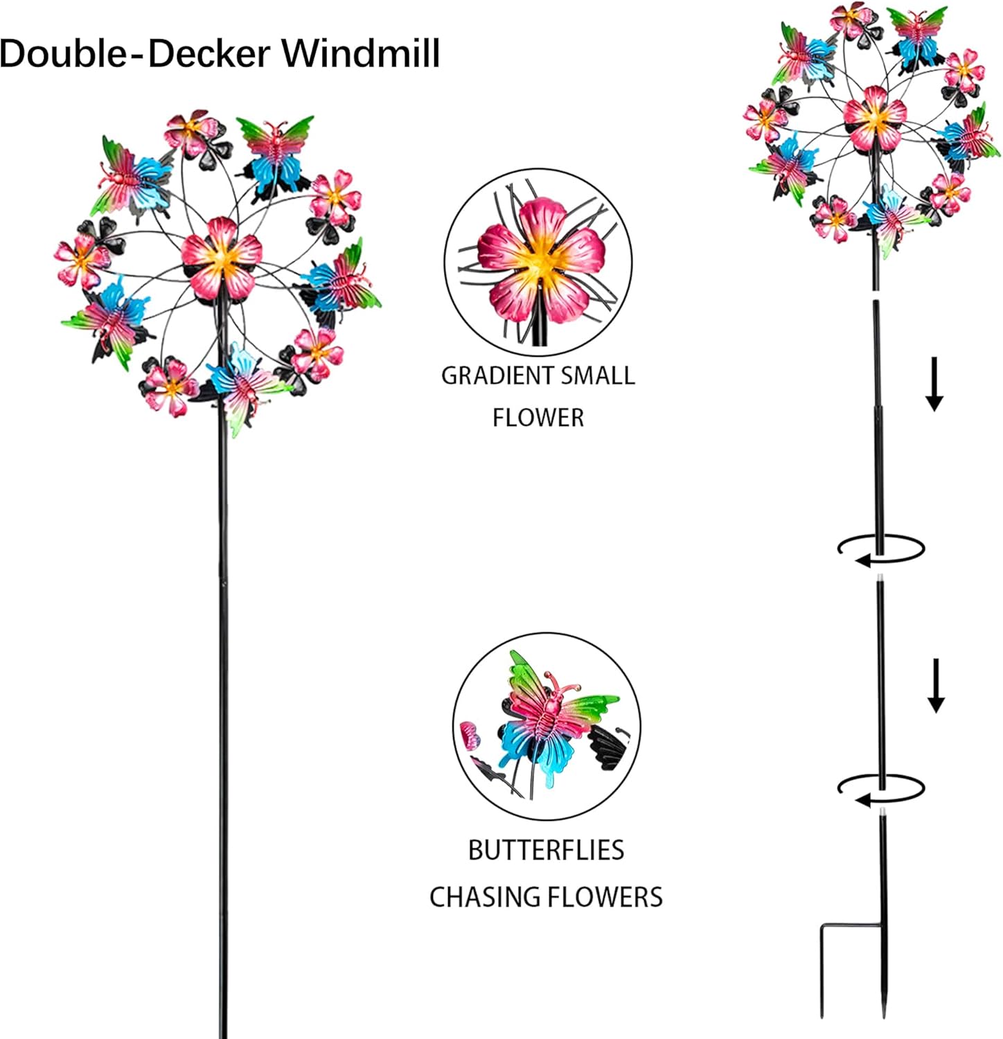 38" Double Blade Butterfly Wind Spinners Outdoor, Colorful Butterflies Kinetic Outdoor Decor for Patio, Lawn & Garden Decor