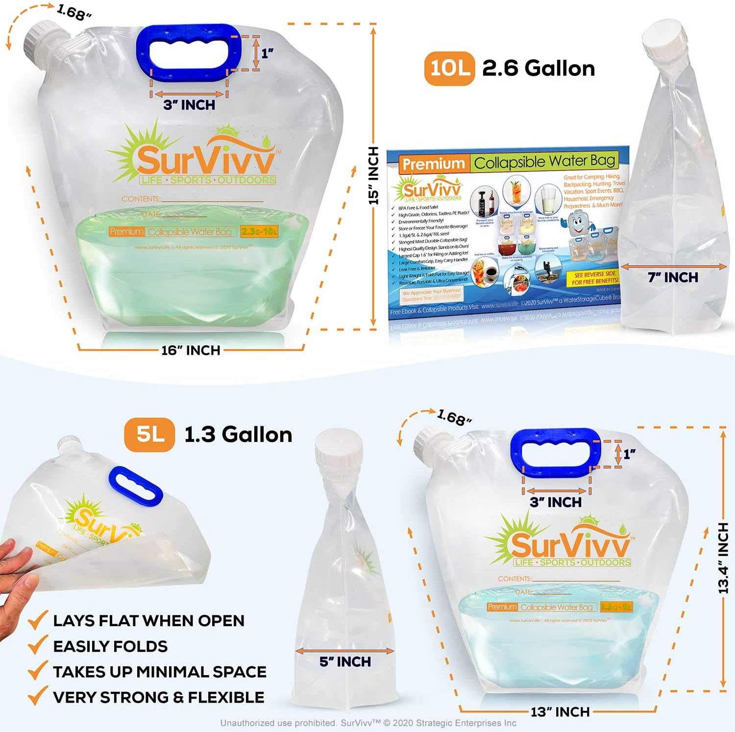 Premium Collapsible Water Container Bag, No-Leak, Freezable, Odorless, Flat Folding, BPA Free Food Grade Clear Plastic Storage bottle for Sports Outdoors Camping Hiking Backpack 1.3/2.6 Gallon