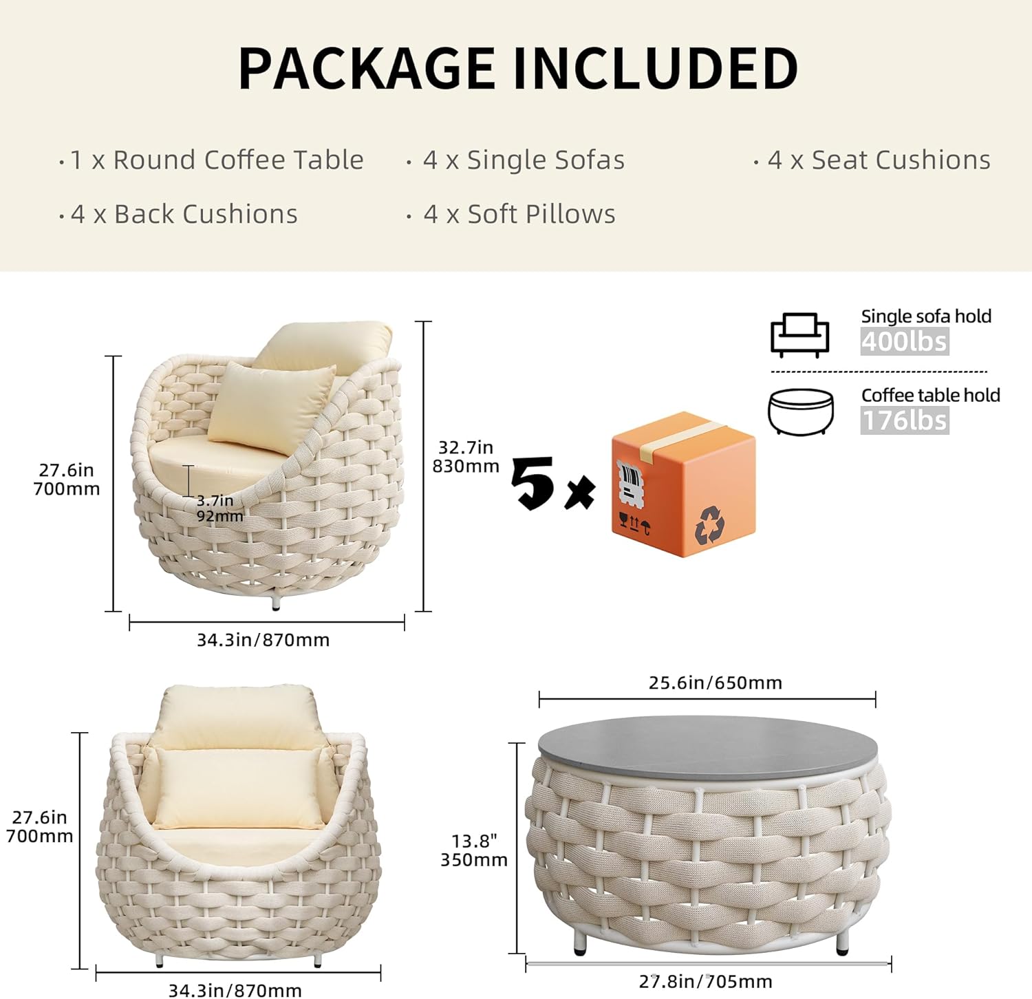 TWT 5-Piece Aluminum Patio Furniture Set, Olefin Armchairs with Coffee Table, Metal Sofa Set for Deck, Porch, Balcony, Indoor, Cream