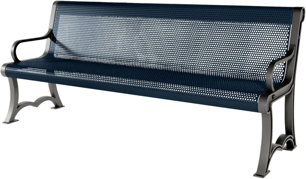 Coated Outdoor Furniture Heavy-Duty Outdoor Bench Thermoplastic Coated, Punched Steel, Commercial-Grade Garden Bench, Made in America (Portable with Back, 6 Ft, Dark Blue)
