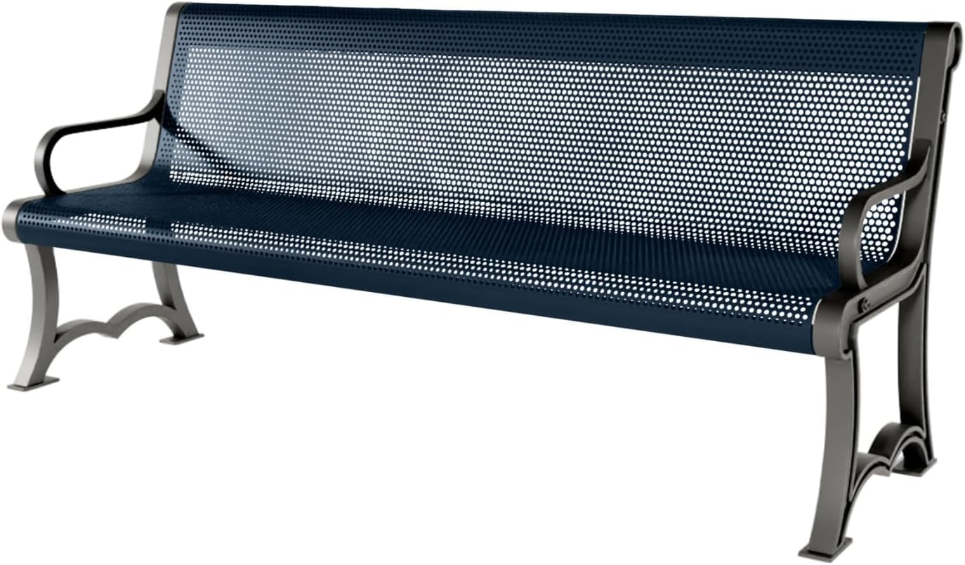 Coated Outdoor Furniture Heavy-Duty Outdoor Bench Thermoplastic Coated, Punched Steel, Commercial-Grade Garden Bench, Made in America (Portable with Back, 6 Ft, Dark Blue)