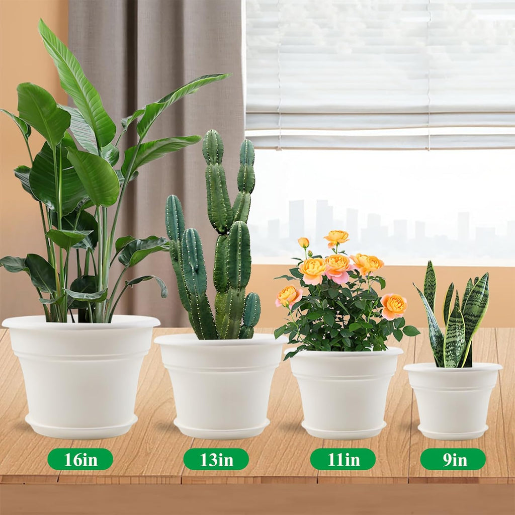 13 Inch Plastic-Flower-Pot-for-Indoor-Plants, 4 Pack Large Outdoor Planter Pot with Drainage Holes & Saucers, Resin Decorative Garden Pots Planters