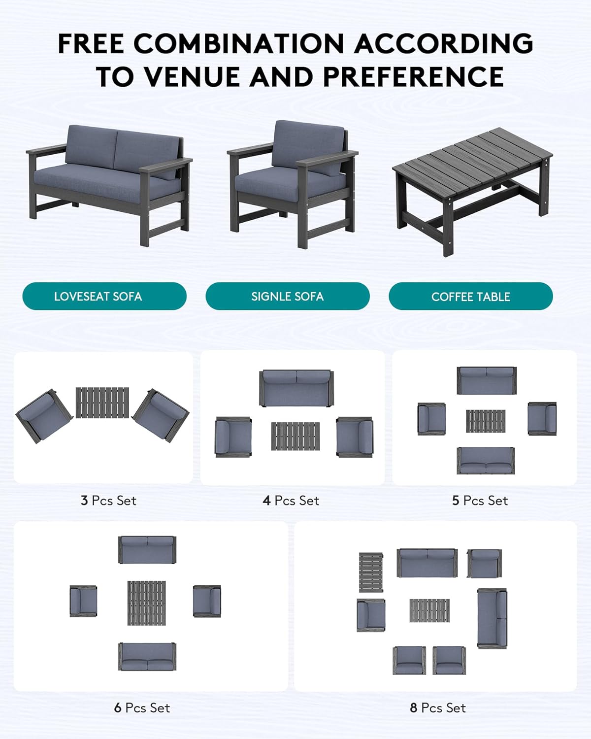 SERWALL 5 Pieces HDPE Outdoor Sofa Set with Cushions, All Weather Loveseat Social Furniture Set, Couch Conversation Chairs with Coffee Table, Grey Frame with Grey Cushions