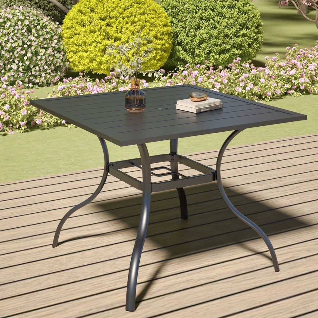 5-Piece Patio Dining Set, 35-Inch Square Outdoor Table with 4 Stackable Mesh Chairs, Black Metal All Weather Frame Set