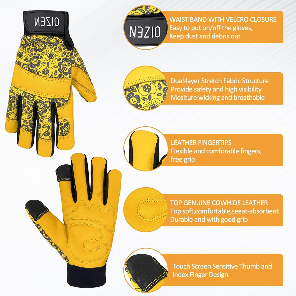 Cowhide Leather Thorn Proof & Puncture Resistant Gardening Gloves for Women and Men, Touchscreen Compatible Working Gloves for Weeding, Digging, Planting, Gardening Gifts for Women (Size Medium)