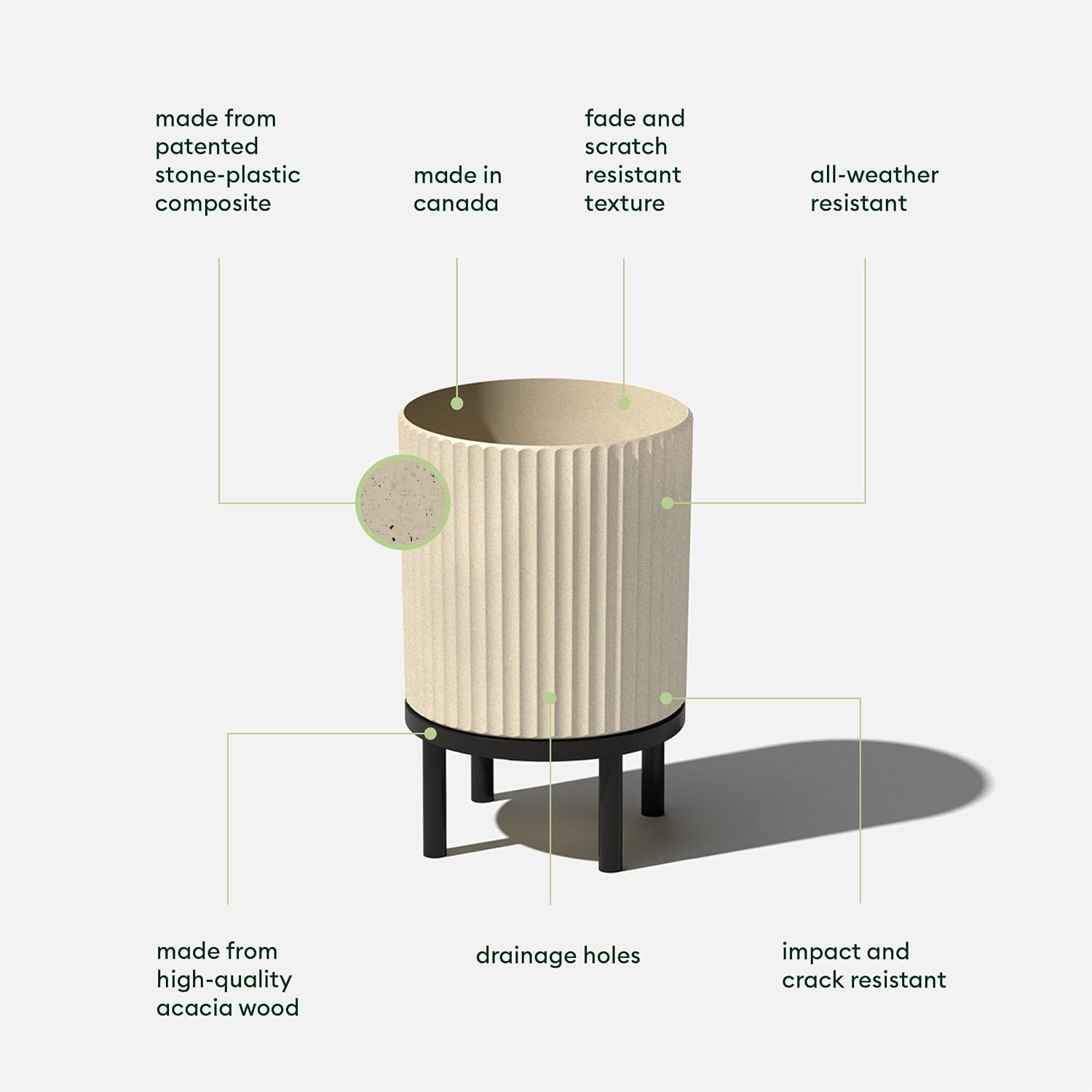 Veradek Demi Series Round Planter w/Stand for Porch/Patio | Durable Plastic-Stone Composite & Wooden Stand | Modern Décor for Tall Plants, Flowers