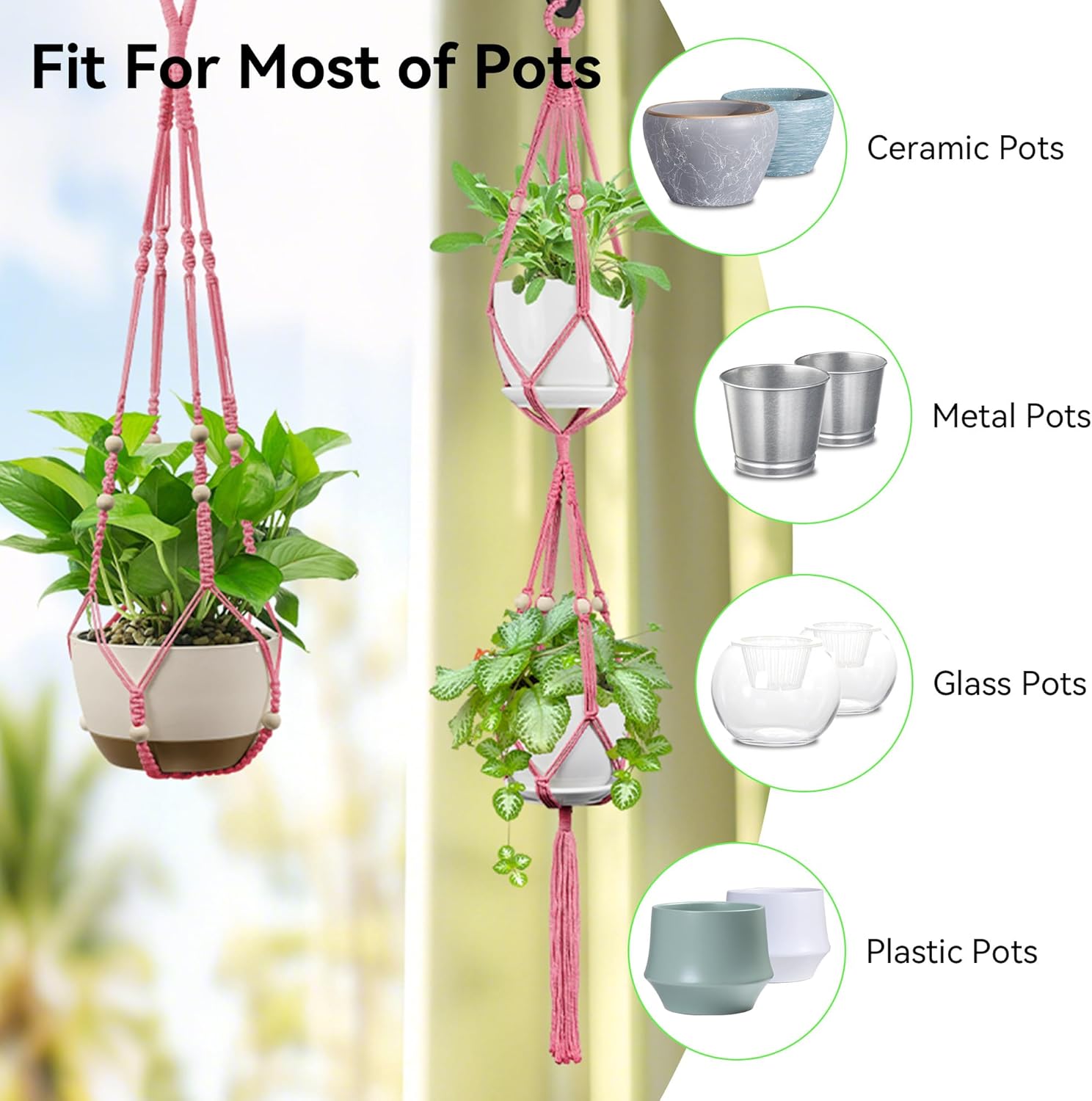 USLAI Macrame Plant Hanger Indoor Outdoor, Up to 4-15 inch Pot, Heavy 20lb Planters, Extra Long Strong Hanging Planter Basket Holder, Boho Home Decor, 35+49 Inch, Yellow (POTS NOT Included)
