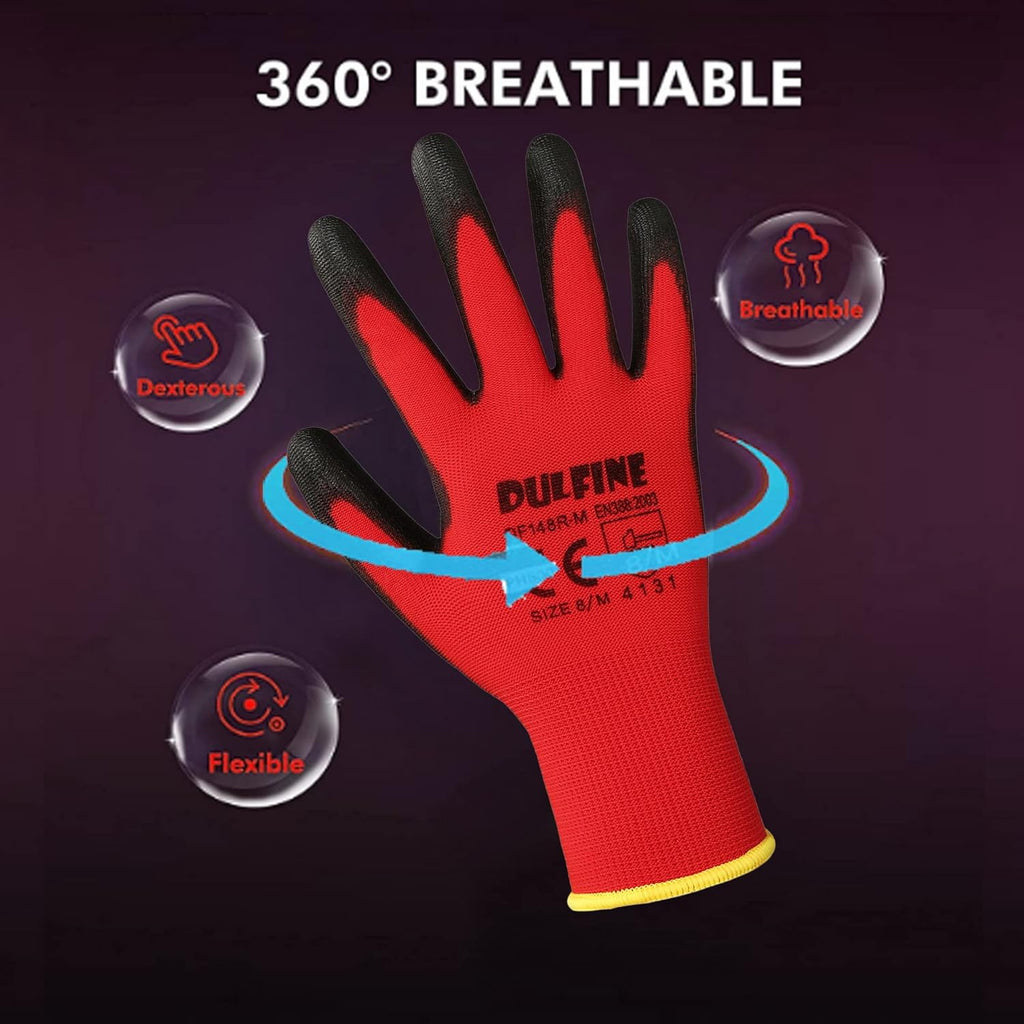 DULFINE Safety Work Gloves PU Coated-12 Pairs,Red Seamless Knit Glove with Polyurethane Coated Smooth Grip on Palm & Fingers, for Men and Women, Ideal for General Duty Work (Medium)
