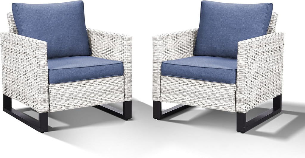 HUMMUH Outdoor Chairs PE Wicker Patio Dining Chairs Set of 2 Metal Frame Porch Chairs with 4 inch Seat Blue Cushions