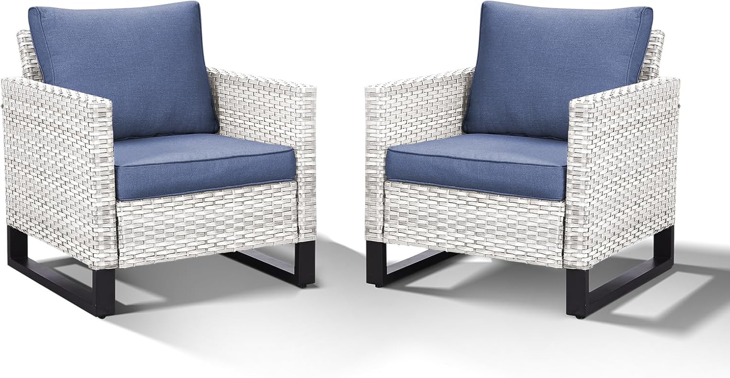 HUMMUH Outdoor Chairs PE Wicker Patio Dining Chairs Set of 2 Metal Frame Porch Chairs with 4 inch Seat Blue Cushions