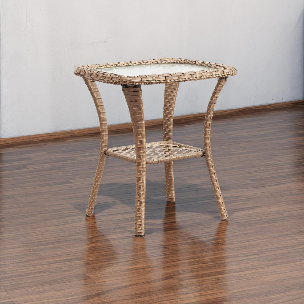 Patio Tables Wicker Side Table - Rattan Coffee Tables with Glass Top End Table for Outdoor Outside Patio Porch Square Yellow