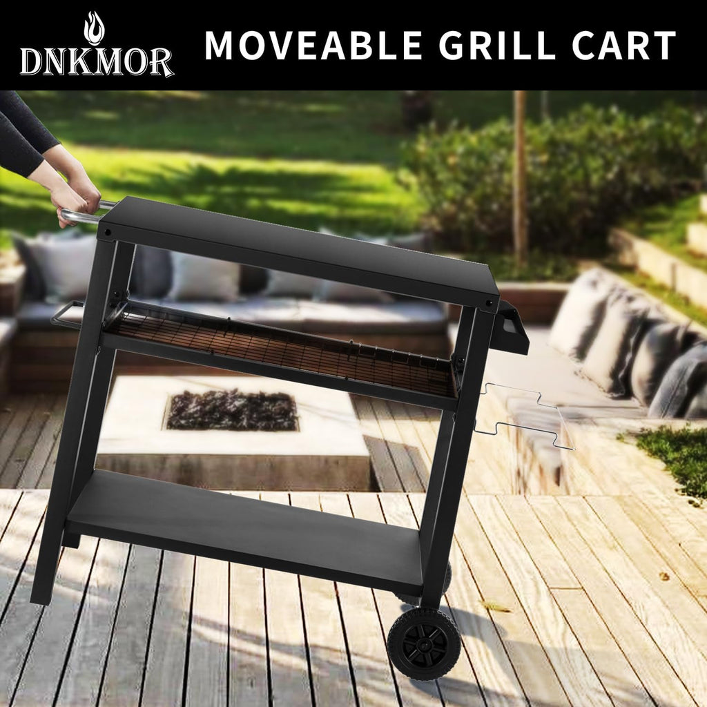 Dining Cart Table with Three Shelf, Movable Outdoor BBQ Grill Pizza Oven Stand with Three Hooks, Kitchen Cart Island Multifunctional Food Prep Table for Inside and Outside (Black)
