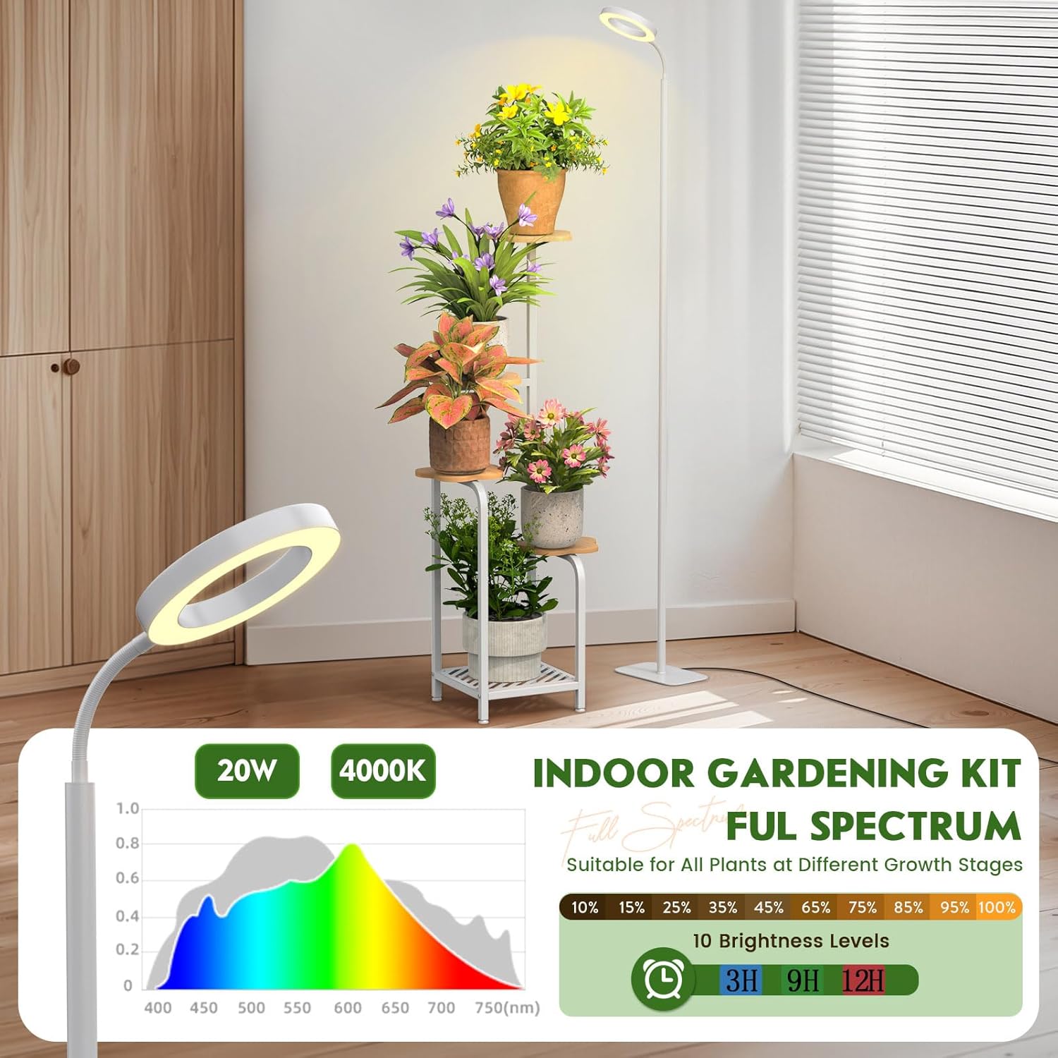 TOSKING 48" Tall Plant Stand Indoor with Full Spectrum LED Grow Lights & Timer – 5-Tier Corner Plant Shelf for Home, Office, Balcony (Grow Light 5 Tier-White)