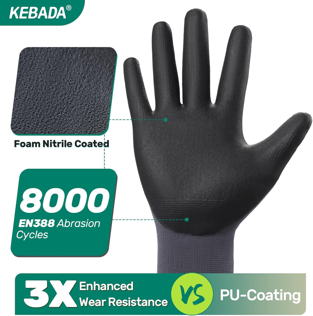 Kebada Work Gloves for Men and Women, Foam Nitrile Coated Safety Gloves with Grip, Ideal for Warehouse Package Handling, Gardening, Mechanic and Construction, XS