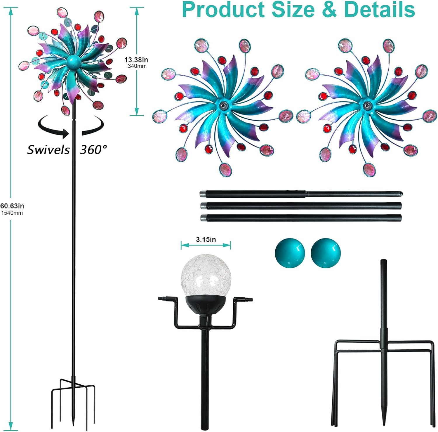 Solar Wind Spinner, 60.63 Inch Outdoor Metal Stake Yard Spinners, Solar Powered Multi-Color LED Glass Ball with Kinetic Wind Sculpture Spinner Windmills for Outdoor Lawn & Garden Decoration