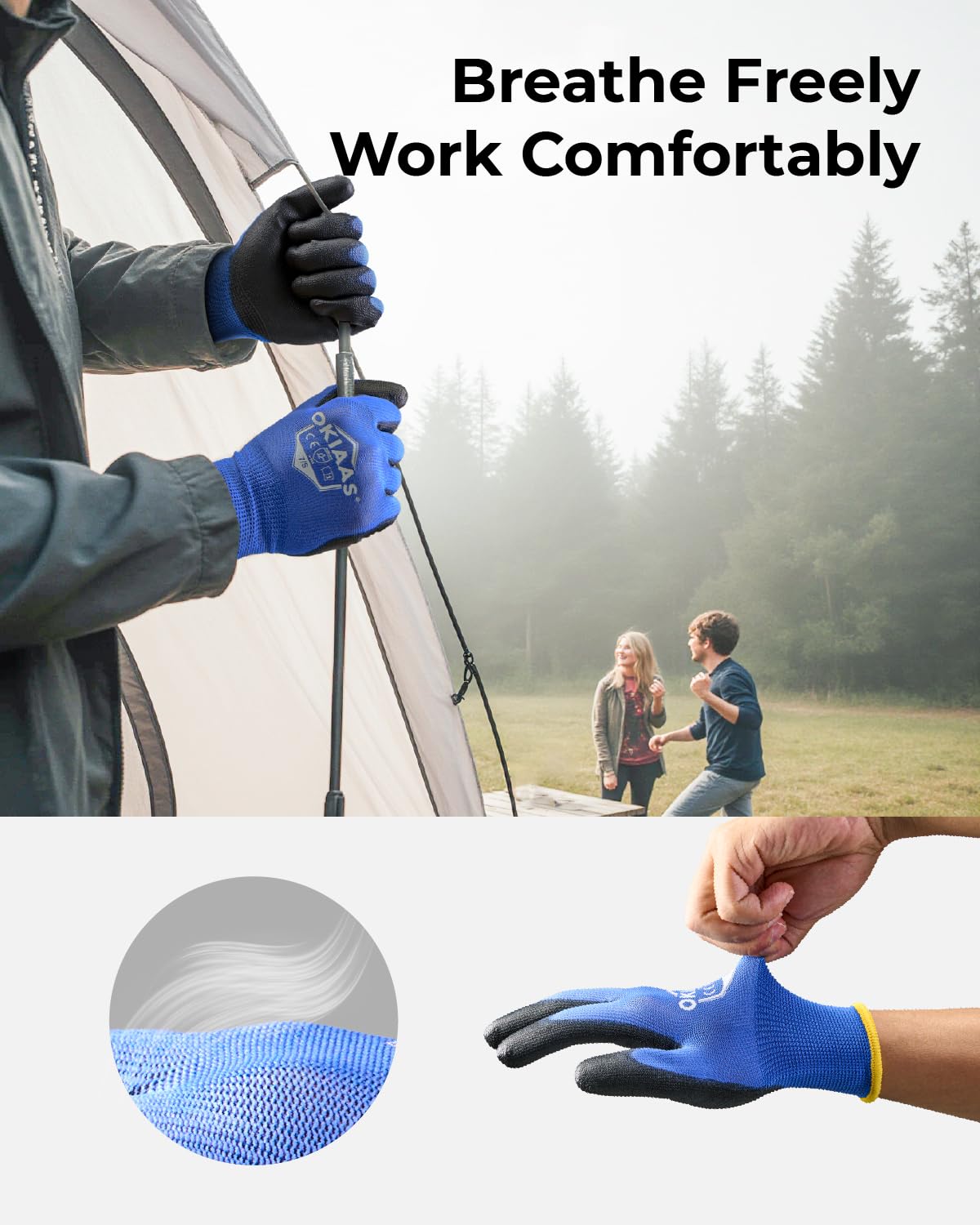 OKIAAS Work Gloves for Men，Ultra Thin and Lightweight Working Gloves with Grip, 12 Pairs Bulk Pack Construction Gloves with Polyurethane Coating, Safety Gloves for Light Duty Work (Blue, X-Large)