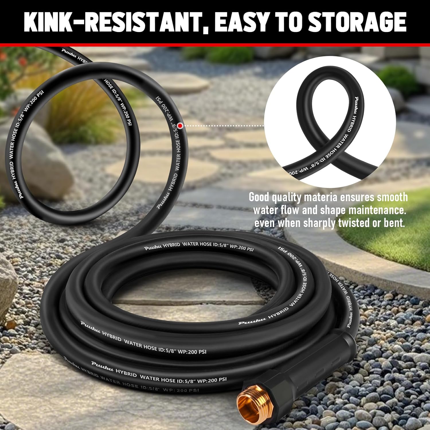 Garden Hose 50 ft x 5/8", NON-EXPANDABLE Heavy Duty Premium Flexible Water Hose, No Kink, Leakproof, Lightweight Hybrid Hose with Male to Female Fittings for Household、Backyard