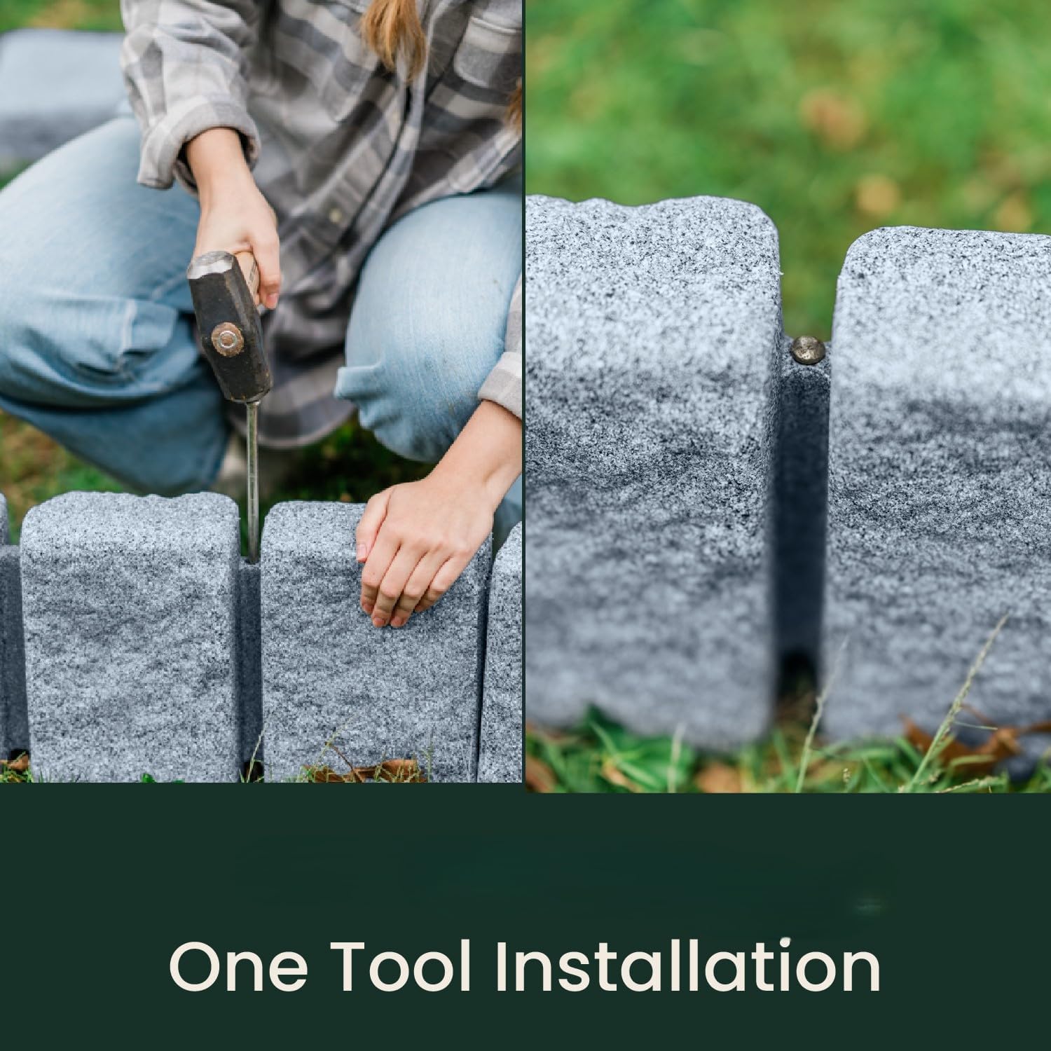 Beuta Landscape Edging | Garden Edging Border | Faux Stone Block XL for Lawn Edging, Flower Beds & Yard Edging – 1 Pack | Each Section Has 6 Blocks 48" L x 4" W x 9.5" H | 3 Spikes | Greystone