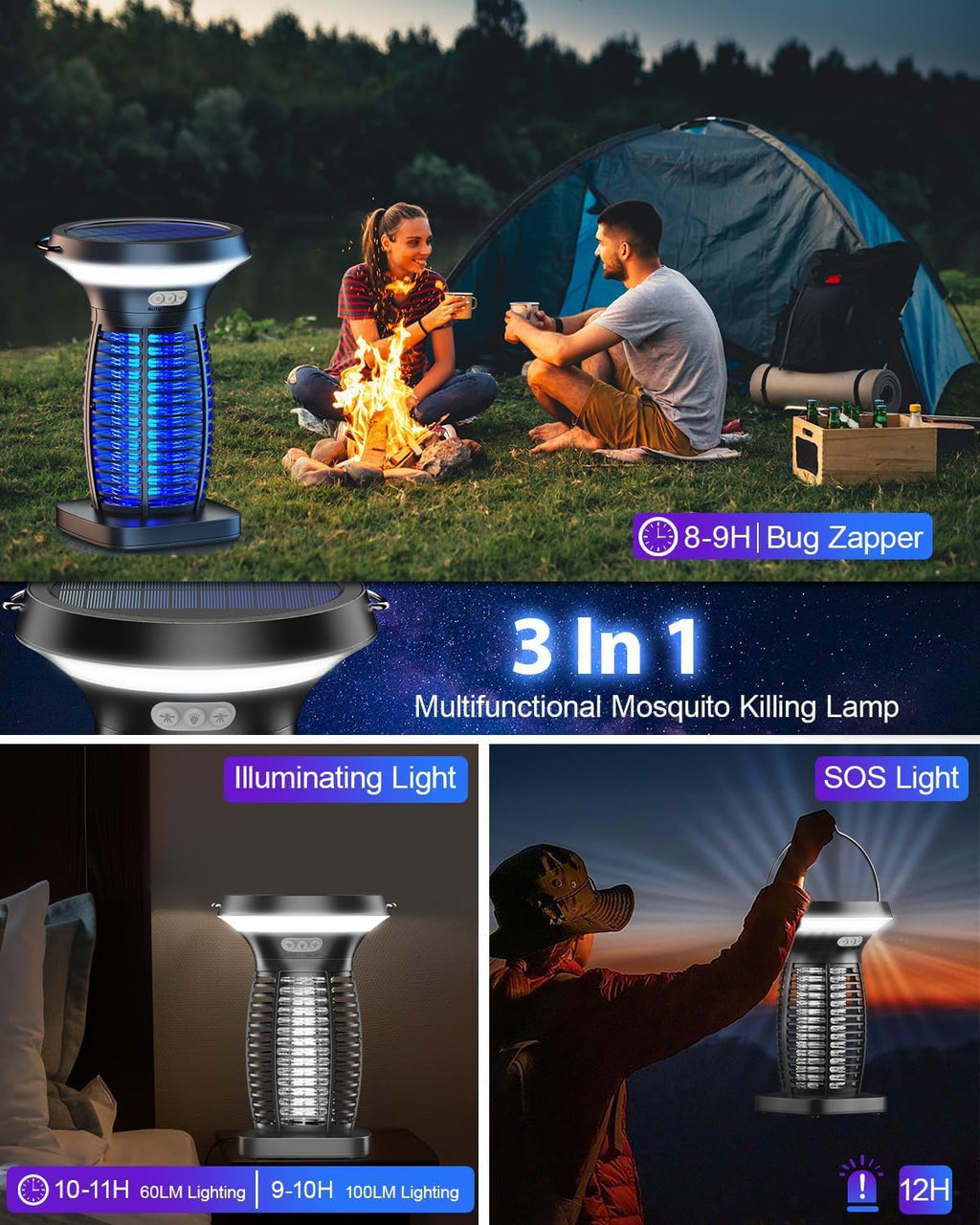 Solar Bug Zapper Outdoor Waterproof, Portable Pest Control Electric Mosquito Zapper Killer with Panel Sensor, Rechargeable Insect Trap Fly Zapper for Home, Patio, Backyard, Camping