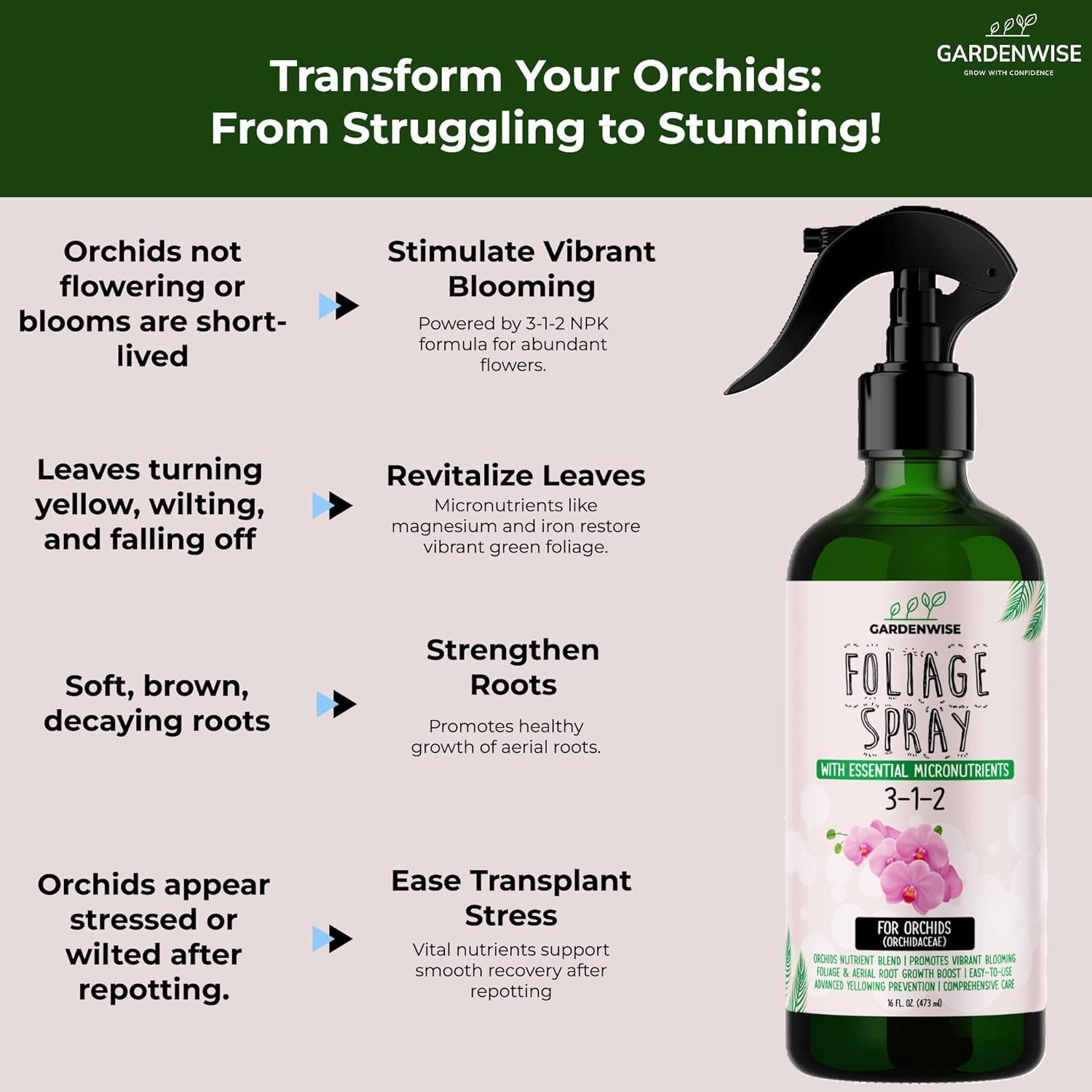 Premium Orchid Plant Food Mist – Orchid Fertilizer Spray – Orchid Food Fertilizer for Blooming – Orchid Plant Care Formula 3-1-2 – Ready-to-Use (8 OZ)