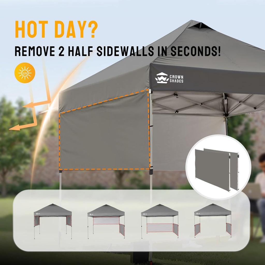 CROWN SHADES 10x10 Pop up Canopy Tent Instant Canopy with 150D Silver Coated Fabric Including 2 Half Sidewalls, 4 Ropes, 8 Stakes, 4 Weight Bags, STO 'N Go Bag, Grey