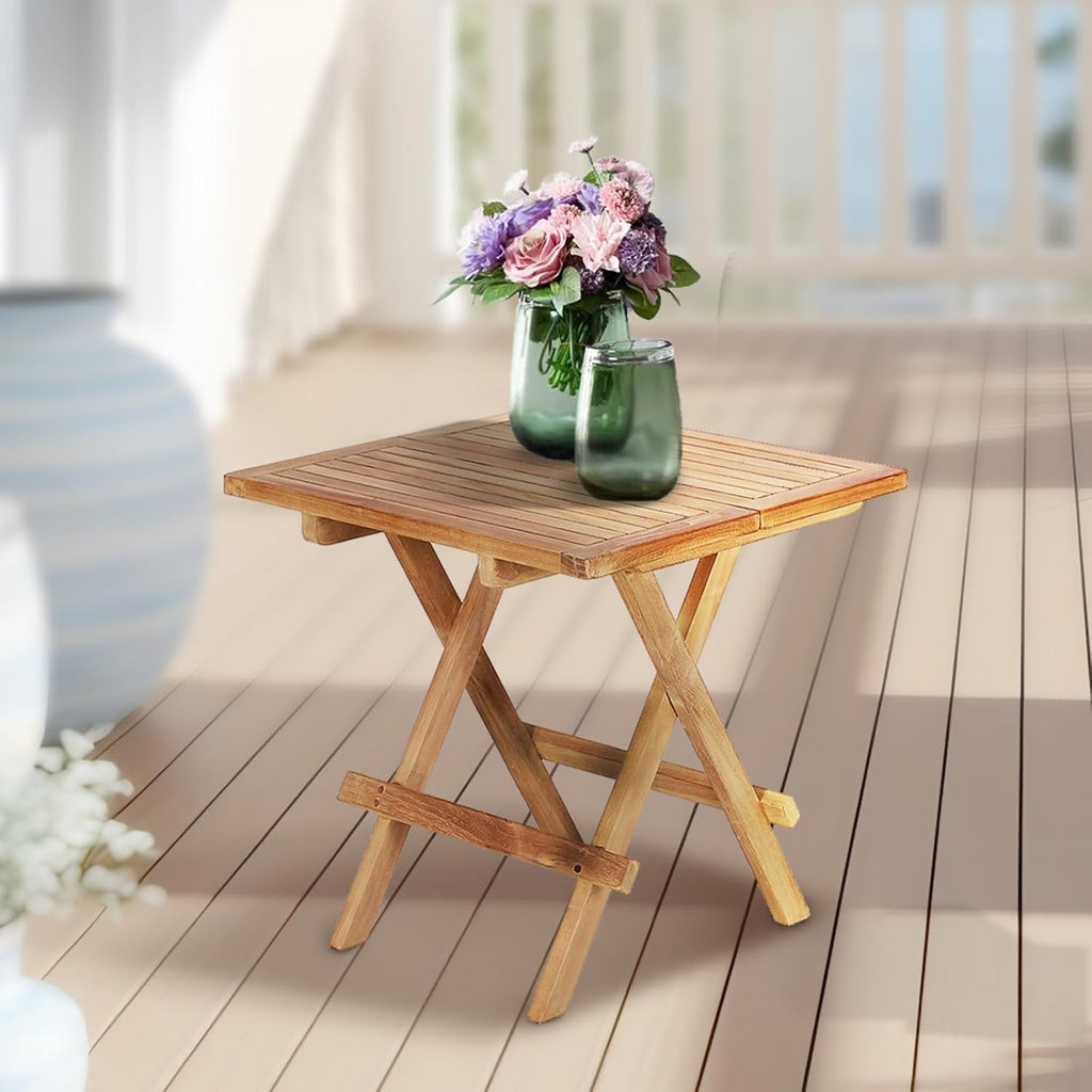 Teak Wood Patio Side Table, Square Folding Outdoor Side Table Waterproof, Sturdy Portable Bistro Table for Camping Deck Poolside