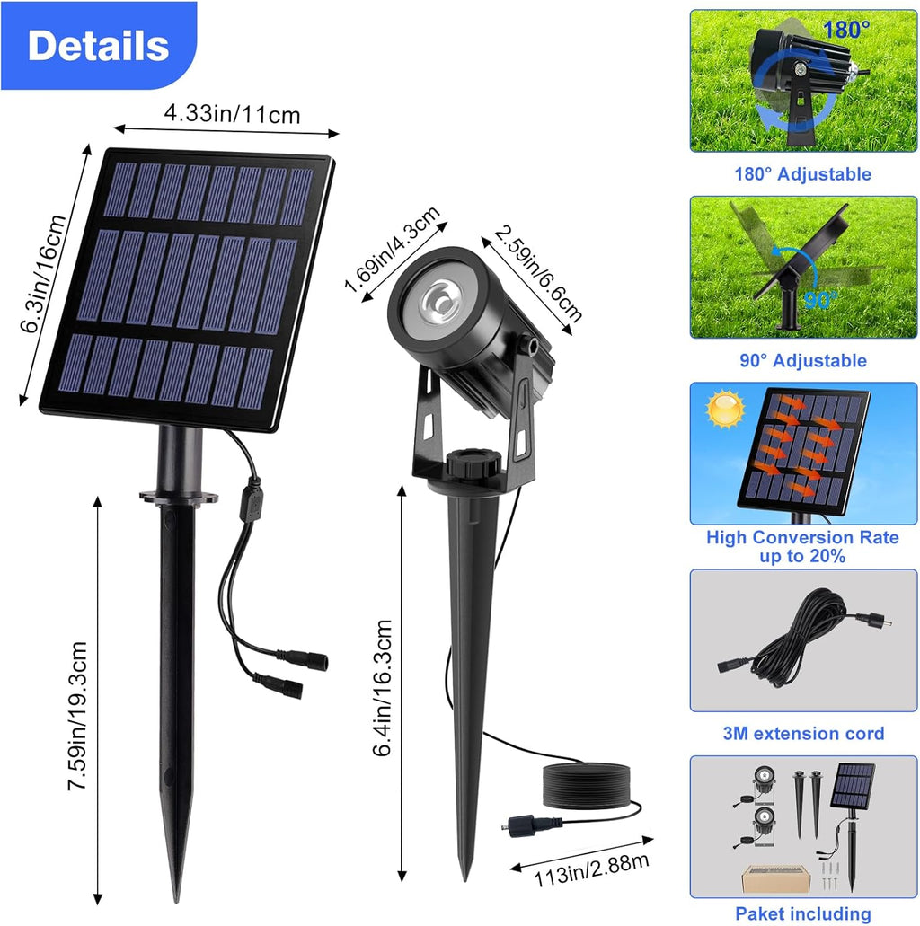T-SUNUS Halloween 2W Solar Landscape Spotlights Warm White, Garden Spot Lights Outdoor 9.8ft Cable IP65 Waterproof Security Downlight 2-IN-1 for Flag Christmas Tree Pond Garage Deck Yard Wall Backyard
